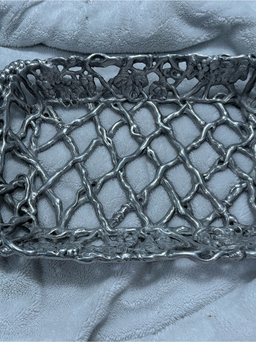 Vintage Rectangular Cast Aluminum Grape Vine Lattice Basket Tray